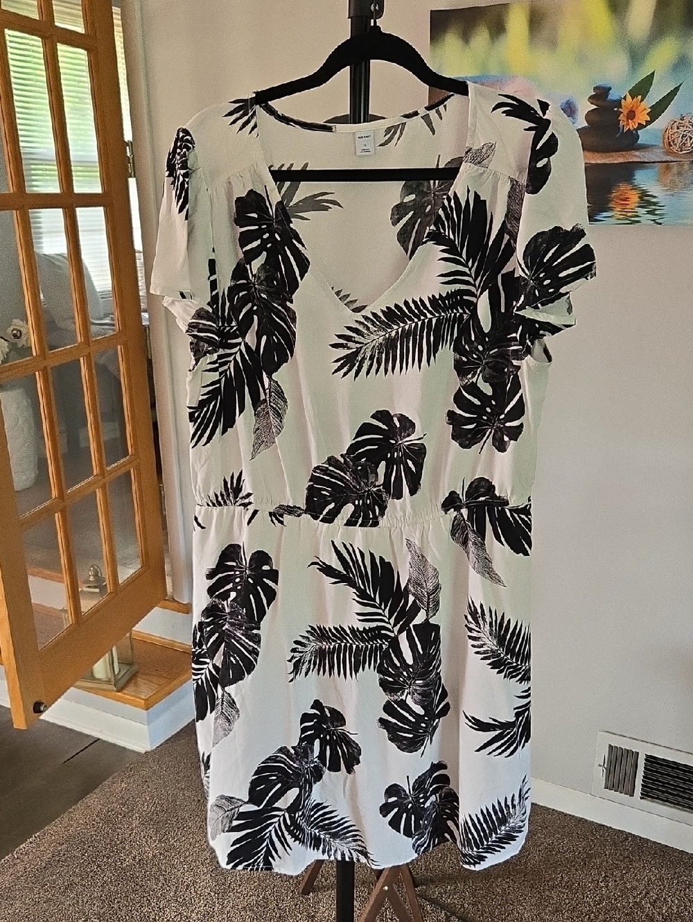 Old NavyTropical Black & White Leaf Print Dress 🖤🤍 SIZE XL